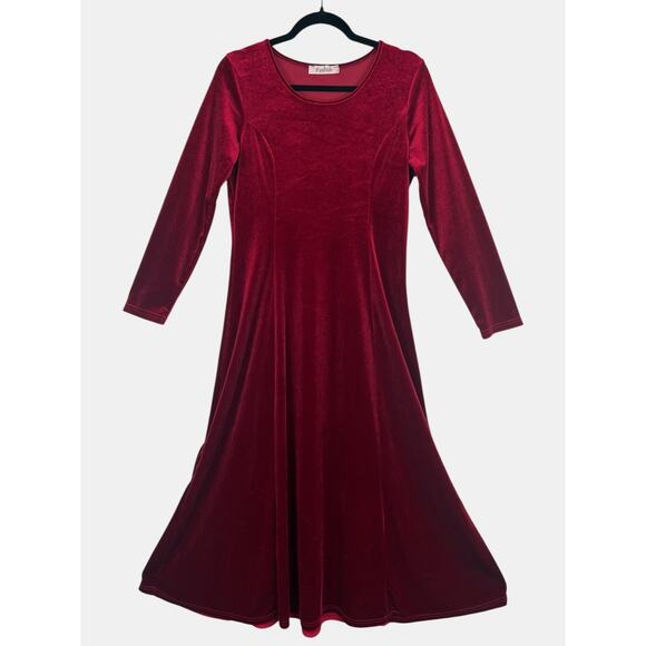 ifashion Dresses & Skirts - Red Velour Midi Dress Long Sleeve Fit & Flare Stretch Minimalist Small 6